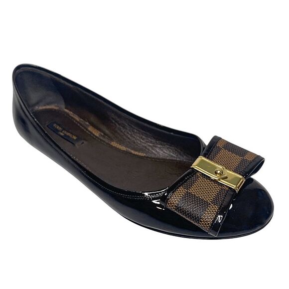 Louis Vuitton Damier Ebene Patent Bow Brown Ballet Flats Size EU 38 US 8 - Picture 1 of 10